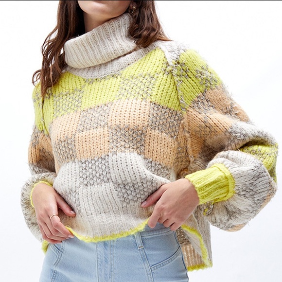 Free People Women’s XS Cream Yellow Neon Checkered Knit Sweater Cowl pullover - Picture 1 of 14